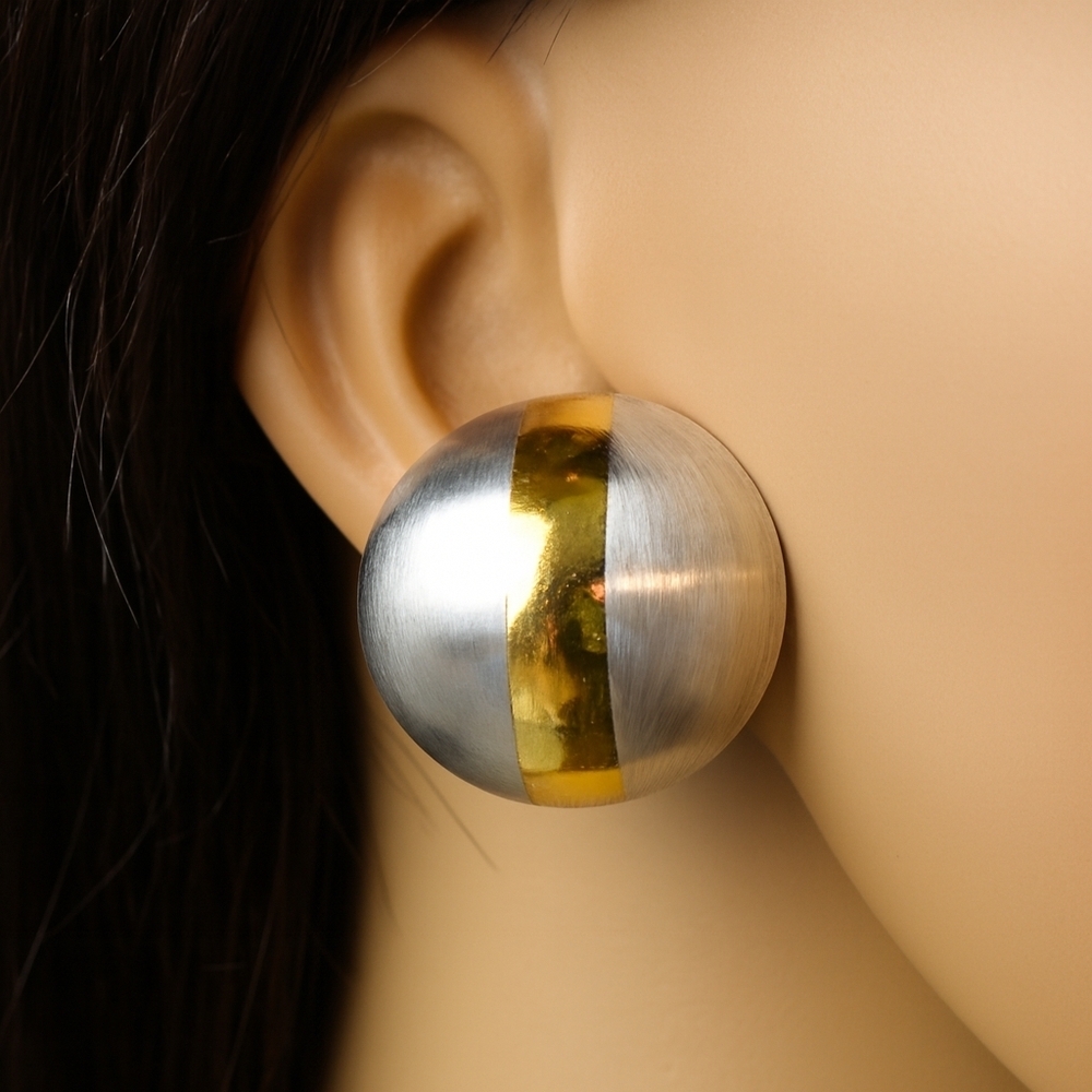 Gold, Silver Dual-Tone Stud Earrings Modern Stripe Design, 1.25” Fashion Jewelry